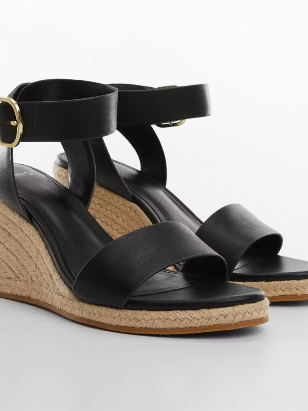 Mango Black Leather Espadrille Wedge Sandals with Ankle Strap